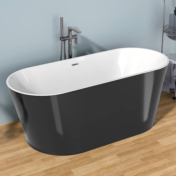 Acrylic Freestanding Soaking Tub 59 in. x 30 in. Soaking Bathtub with Center Drain in Black/Polished Chrome Modern Style