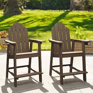 All Weather Plastic Composite Outdoor Bar Stool Adirondack Arm Chairs with Cup Holder-Brown(set of 2)