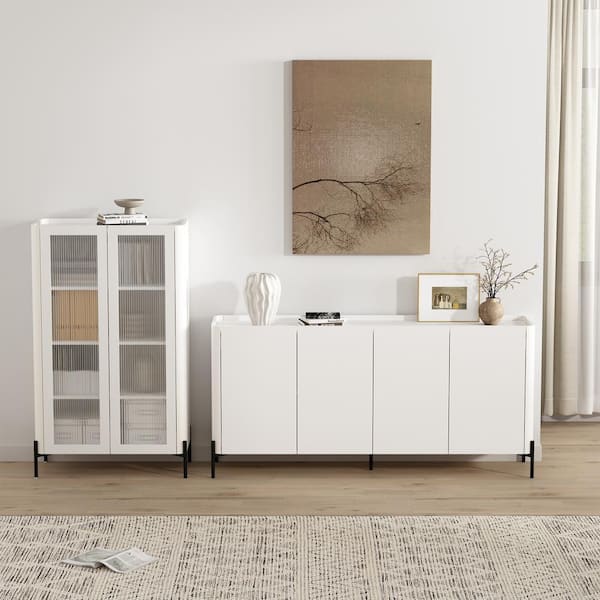 Manhattan Comfort Abbey Modern White Composite Wood 66.9 in. Sideboard with 31.5 in. Decor Cabinet