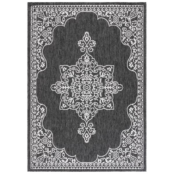 Beach House Charcoal/Ivory 8 ft. x 10 ft. Border Ornate Medallion Indoor/Outdoor Area Rug