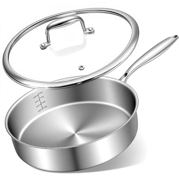 12 In. Tri-Ply Stainless Steel Deep Frying Pan with Lid, PFOA and PTFE Free Skillet, Detachable Handle