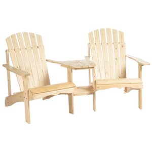 Wooden Adirondack Chair Outdoor Loveseat Fire Pit Chair with Cup Holder, Table, for Porch, Yard, Natural, 1-Pack for 2
