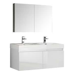 Mezzo 48 in. Vanity in White with Acrylic Vanity Top in White with White Basins and Mirrored Medicine Cabinet
