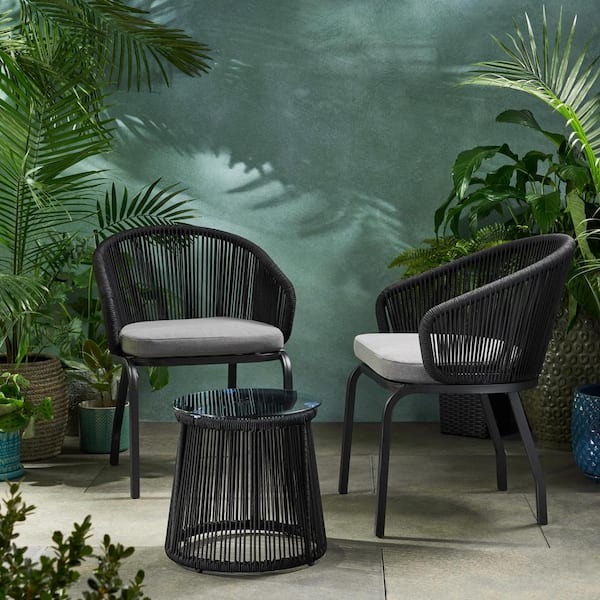 Noble House Skycrest Black 3-Piece Metal Outdoor Patio Conversation Seating Set with Grey Cushions