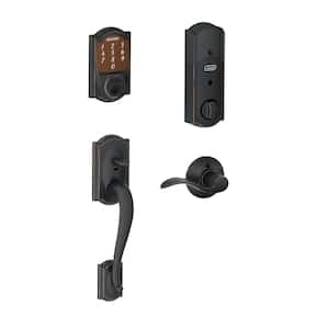 Camelot Aged Bronze Sense Smart Deadbolt and Camelot Handleset with Accent Lever with Camelot Trim
