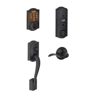 Camelot Aged Bronze Sense Smart Deadbolt and Camelot Handleset with Accent Lever with Camelot Trim