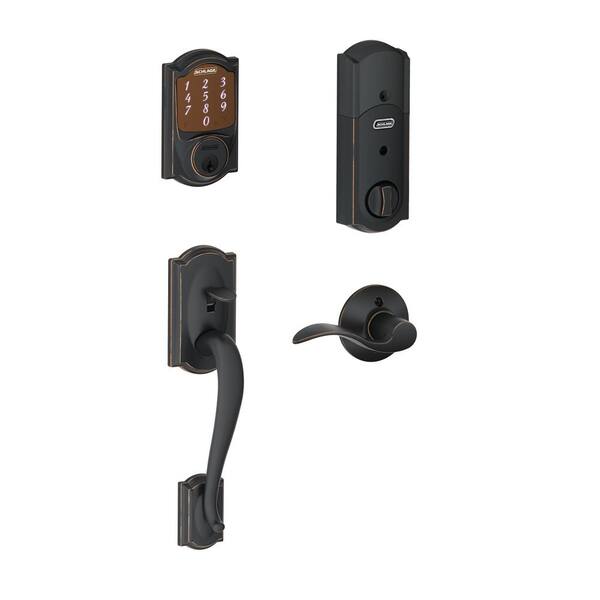 Schlage Camelot Aged Bronze Sense Smart Deadbolt and Camelot Handleset with Accent Handle with Camelot Trim