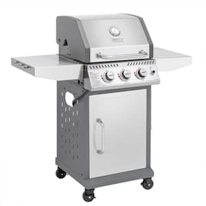 Stainless Steel 3-Burner Propane Gas Grill, 25,500 BTU Cabinet Style Cas Grill with Side Tables