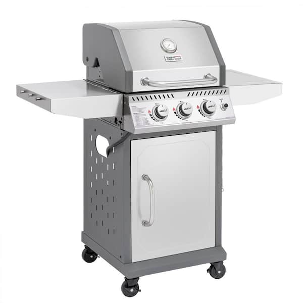 Stainless Steel 3-Burner Propane Gas Grill, 25,500 BTU Cabinet Style Cas Grill with Side Tables