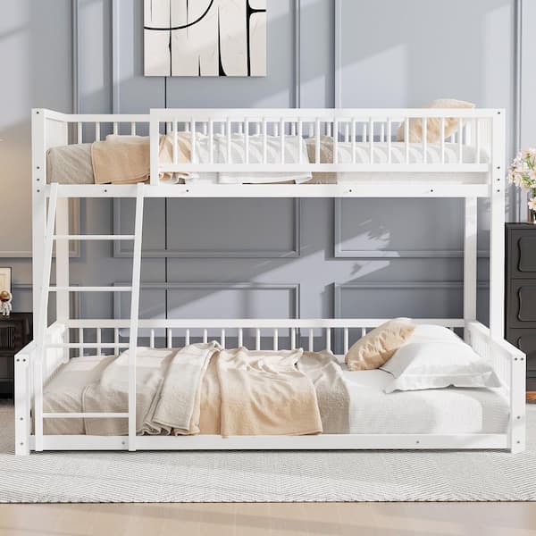 White Twin XL Over Queen Bunk Bed with Ladder and Safety Guardrails