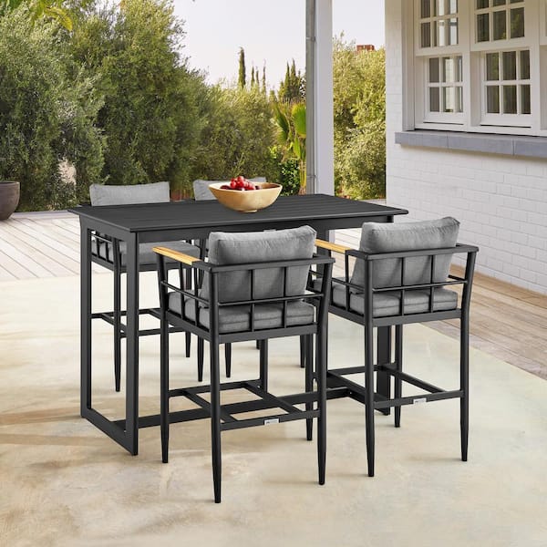 Armen Living Wiglaf Black 5-Piece Aluminum Rectangle Bar Height Outdoor Dining Set with Dark Grey Cushions