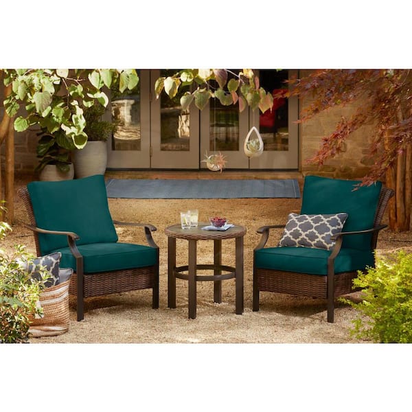 Hampton Bay Harper Creek 3-Piece Brown Steel Outdoor Patio Chair Set with CushionGuard Malachite Green Cushions