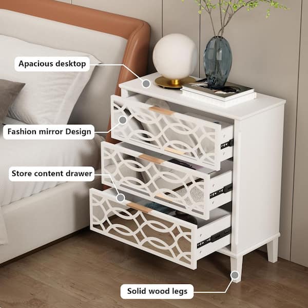 FUFU&GAGA 3-Drawer White Wood Chest of Drawers Bedside Table