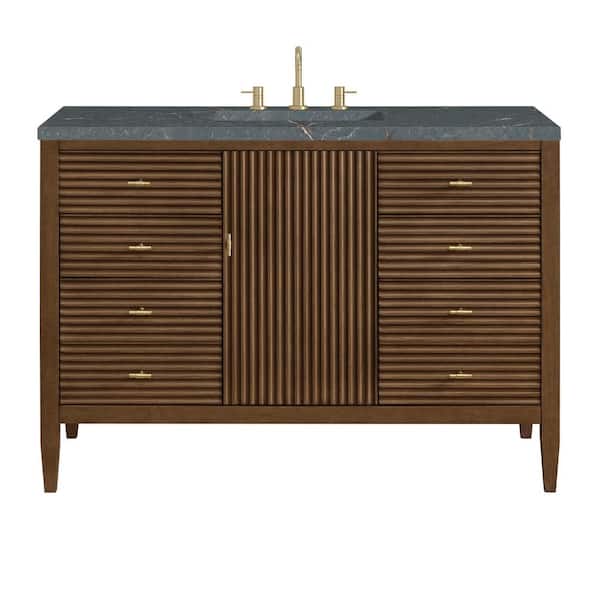 James Martin Vanities Myrrin 48.0 in. W x 23.5 in. D x 34.06 in. H Single Bathroom Vanity Mid-Century Walnut and Parisien Bleu Quartz Top