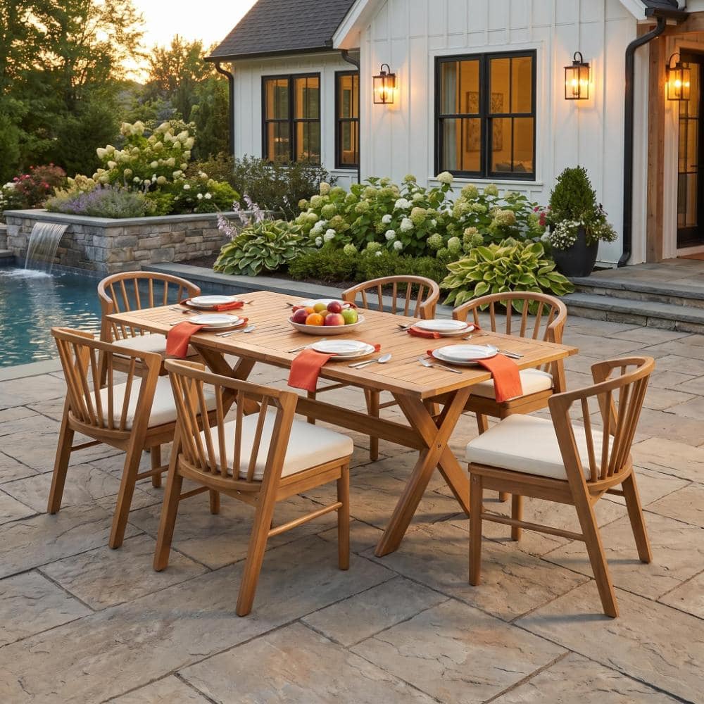 Teak 7-Piece Acacia Wood Outdoor Dining Set with Beige Cushions, 6 Chairs and 1 Large Expandable Table price history on PriceWatchPro