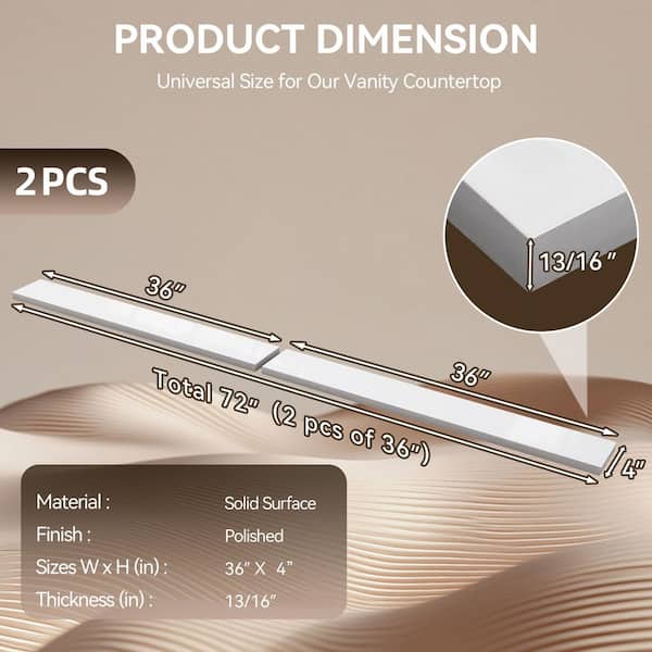 72 in. White 2-Piece Solid Surface Vanity Backsplash Kit (2) 36 in. x 4 in. Splash Guards for Bathroom Countertop