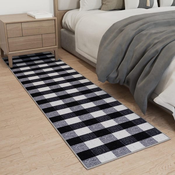 Ottohome Collection Non-Slip Rubberback Checkered Buffalo Plaid 2x7 Indoor Runner Rug, 1 ft. 10 in. x 7 ft., Grayscale