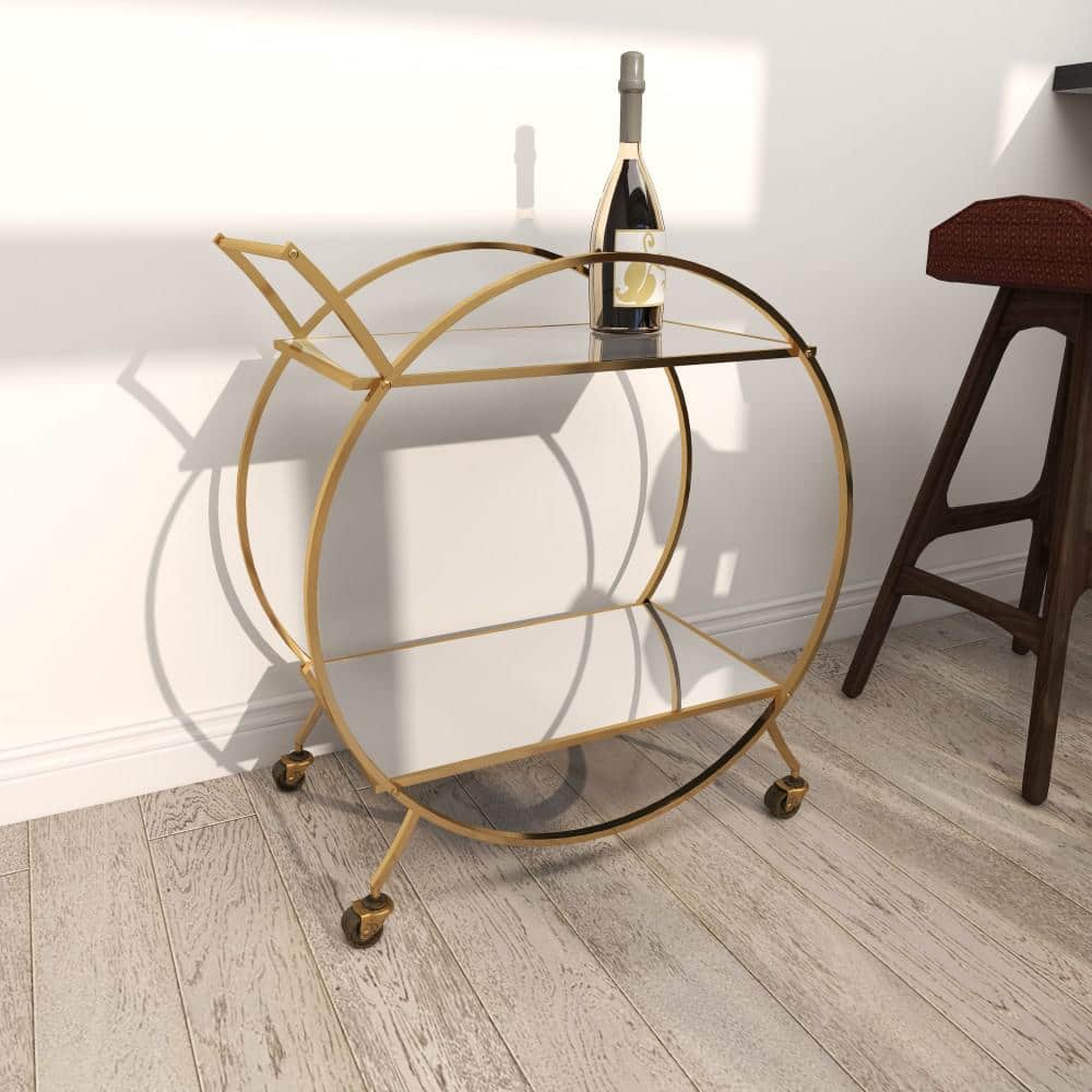 Elegant Gold Metal Bar Cart with Mirrored Shelves and Wheels