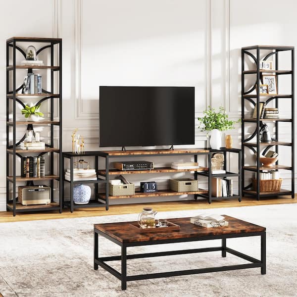 BYBLIGHT Eulas 78.7 in. Tall Brown Wood 7-Shelf Etagere Bookcase Bookshelf Large Open Display Storage Rack