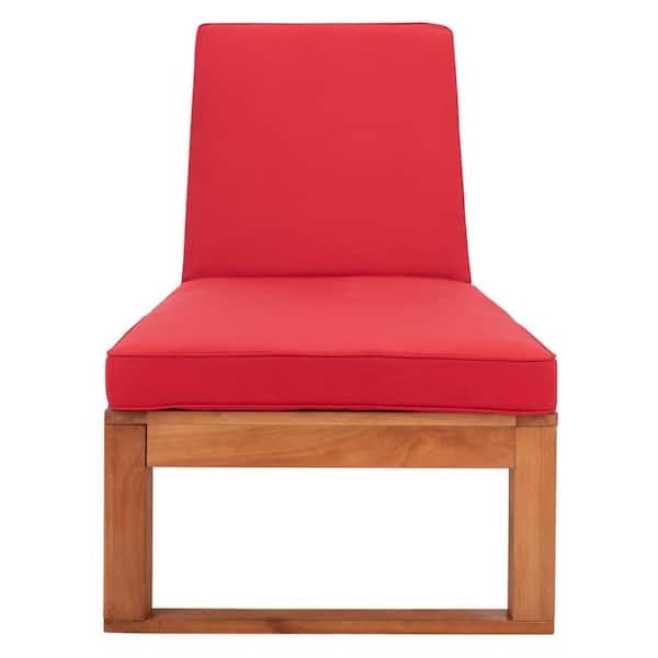 SAFAVIEH Solano Natural 1-Piece Wood Outdoor Chaise Lounge Chair with Red Cushion
