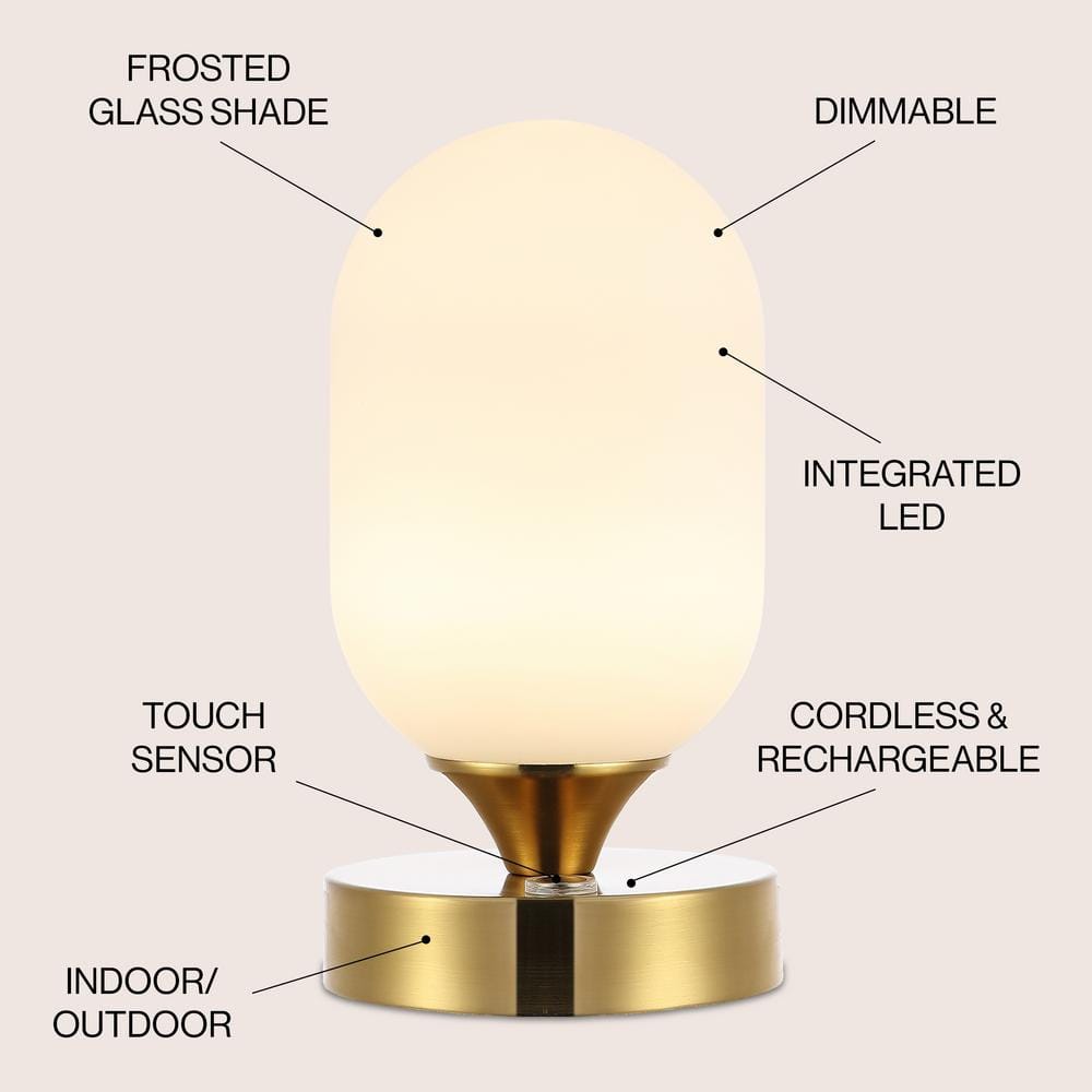 Eli 8" Brass Gold Cordless LED Table Lamp with Frosted Shade
