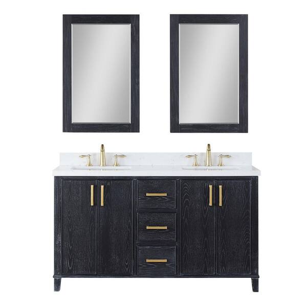 Altair Weiser 60 in. W x 22 in. D x 34 in. H Double Sink Bath Vanity in Black Oak with White Composite Stone Top and Mirror