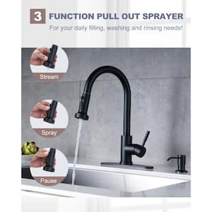 Single Handle Pull-Down Sprayer Kitchen Faucet Set Stainless Steel with Soap Dispenser in Matte Black
