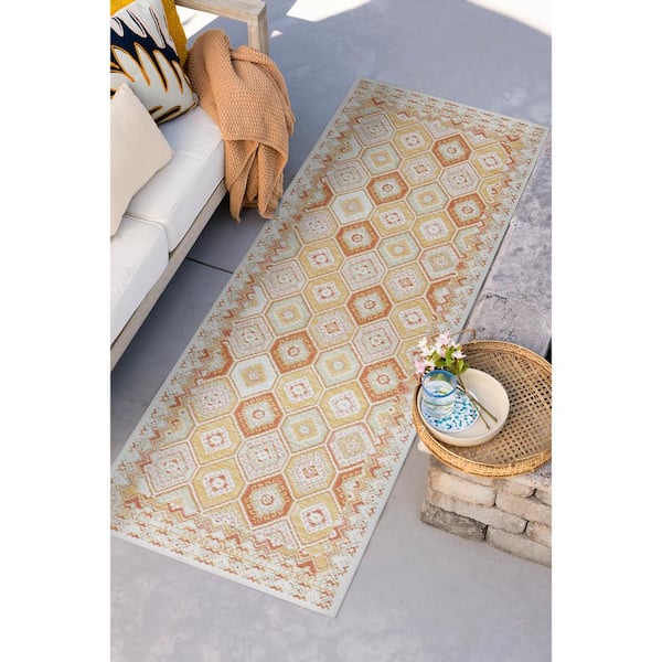 Flora Orange 2 ft. x 8 ft. Geometric Indoor/Outdoor Area Rug