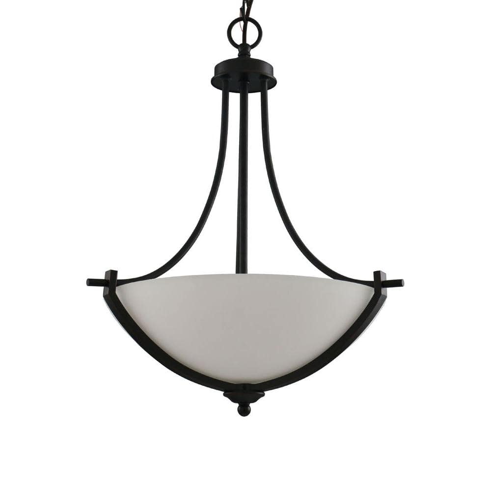 Hampton Bay 3-Light Bronze Pendant with White Frosted Glass Shade -  16658
