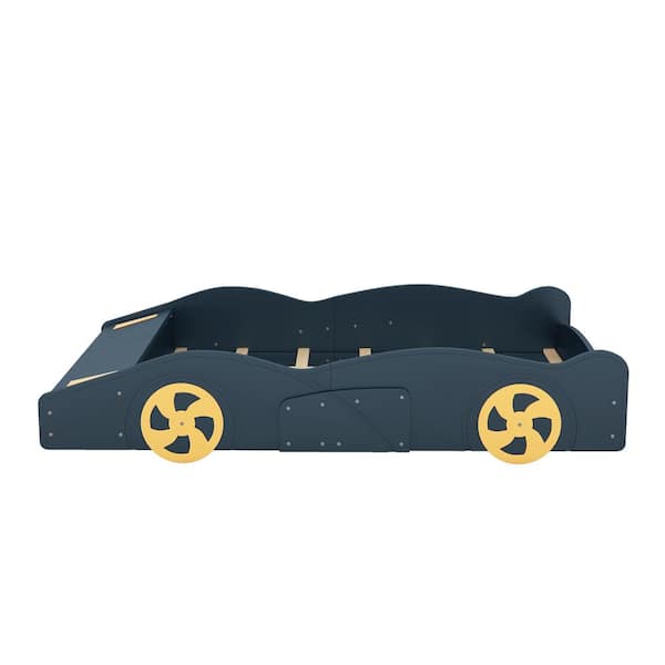 Full Size Car-Shaped Platform Bed with Wheels and Storage, Dark Blue+Yellow