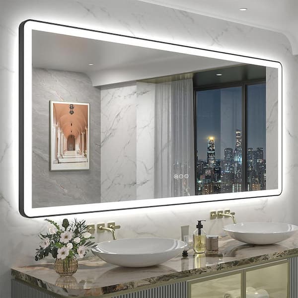 72 in. W x 36 in. H Rectangular Framed Front & Back LED Lighted Anti-Fog Wall Bathroom Vanity Mirror in Tempered Glass