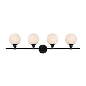 Simply Living 38 in. 4-Light Modern Black Vanity Light with Frosted White Round Shade