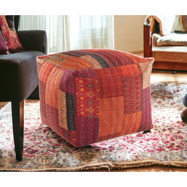 HomeRoots Amelia Red Cotton Square Cube Ottoman