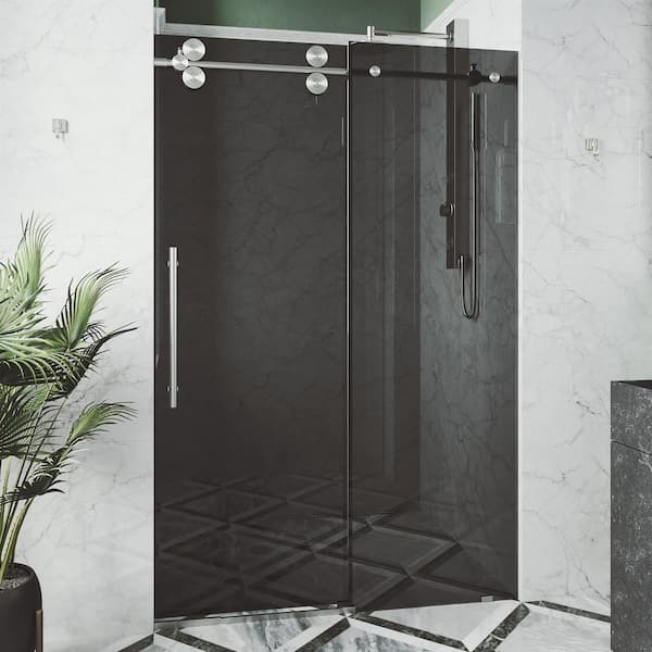VIGO Elan 68 to 72 in. W x 74 in. H Sliding Frameless Shower Door in Stainless Steel with 3/8 in. (10mm) Black Tint Glass