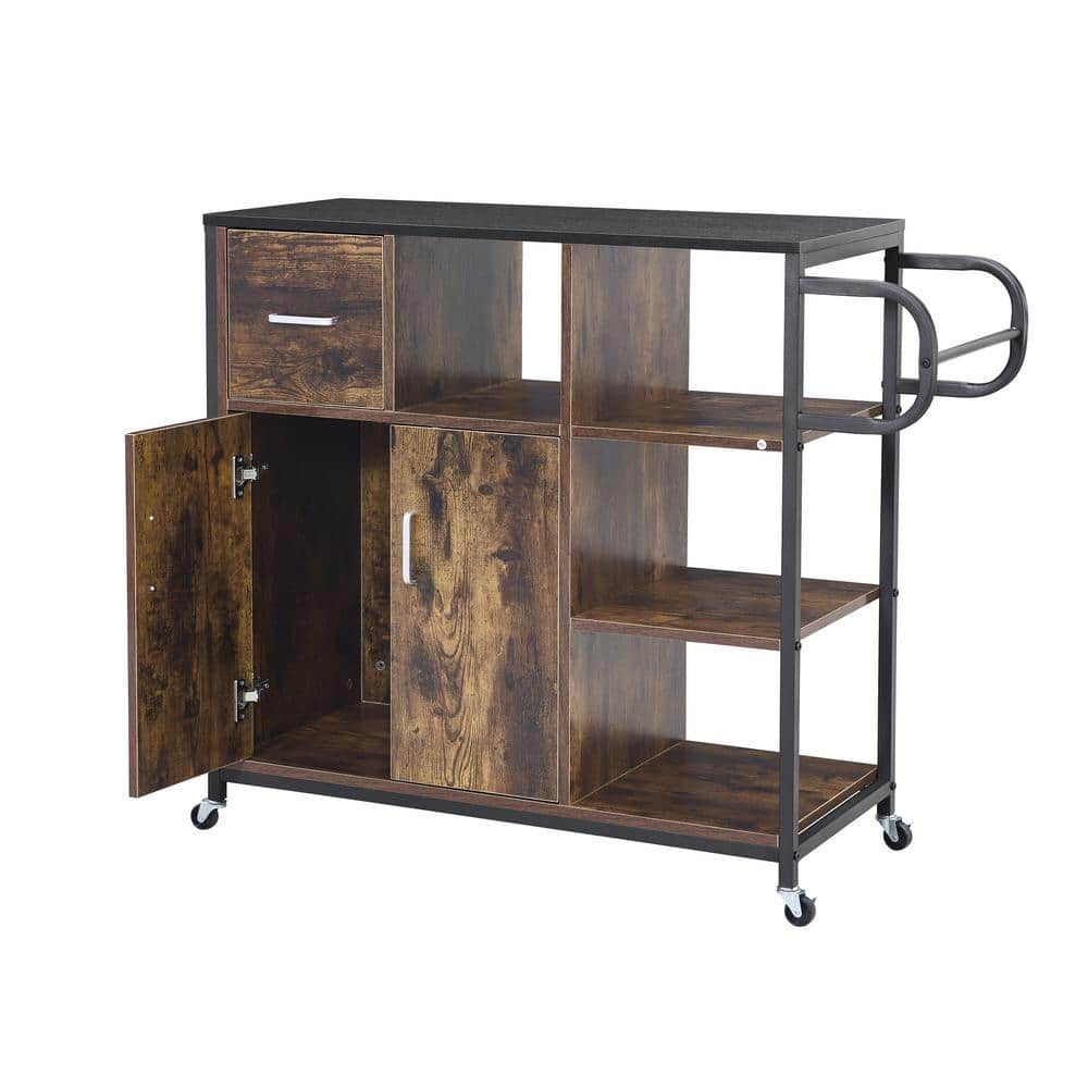  Rustic Brown MDF Wood-top 35.43 in. W Kitchen Island with Drawer and 4-Open Shelves