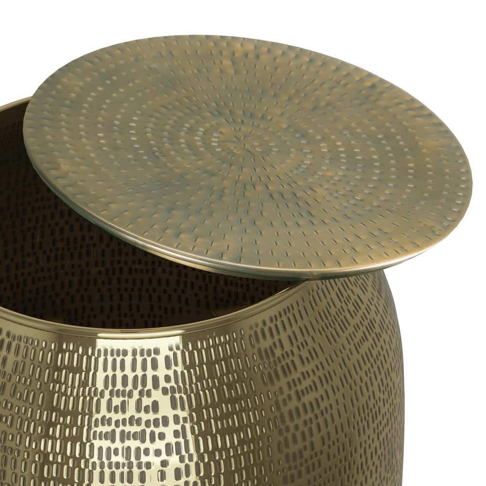 Antique Gold Hand-Hammered Metal Storage Accent Table