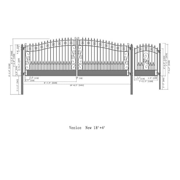 ALEKO 23 ft. x 6 ft. Black Steel Dual Swing Driveway Gate VENICE Style 18 ft. with Pedestrian Gate 5 ft. Fence Gate