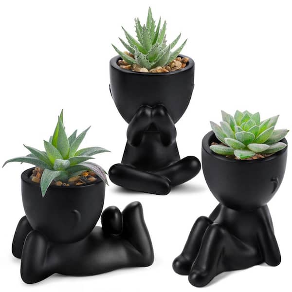 Angel Sar 3-Piece 4.7 in./5.5 in./5.9 in. Green Indoor Fake Succulents Artificial Plant in Black Pot for Bedroom and Shelf Decor