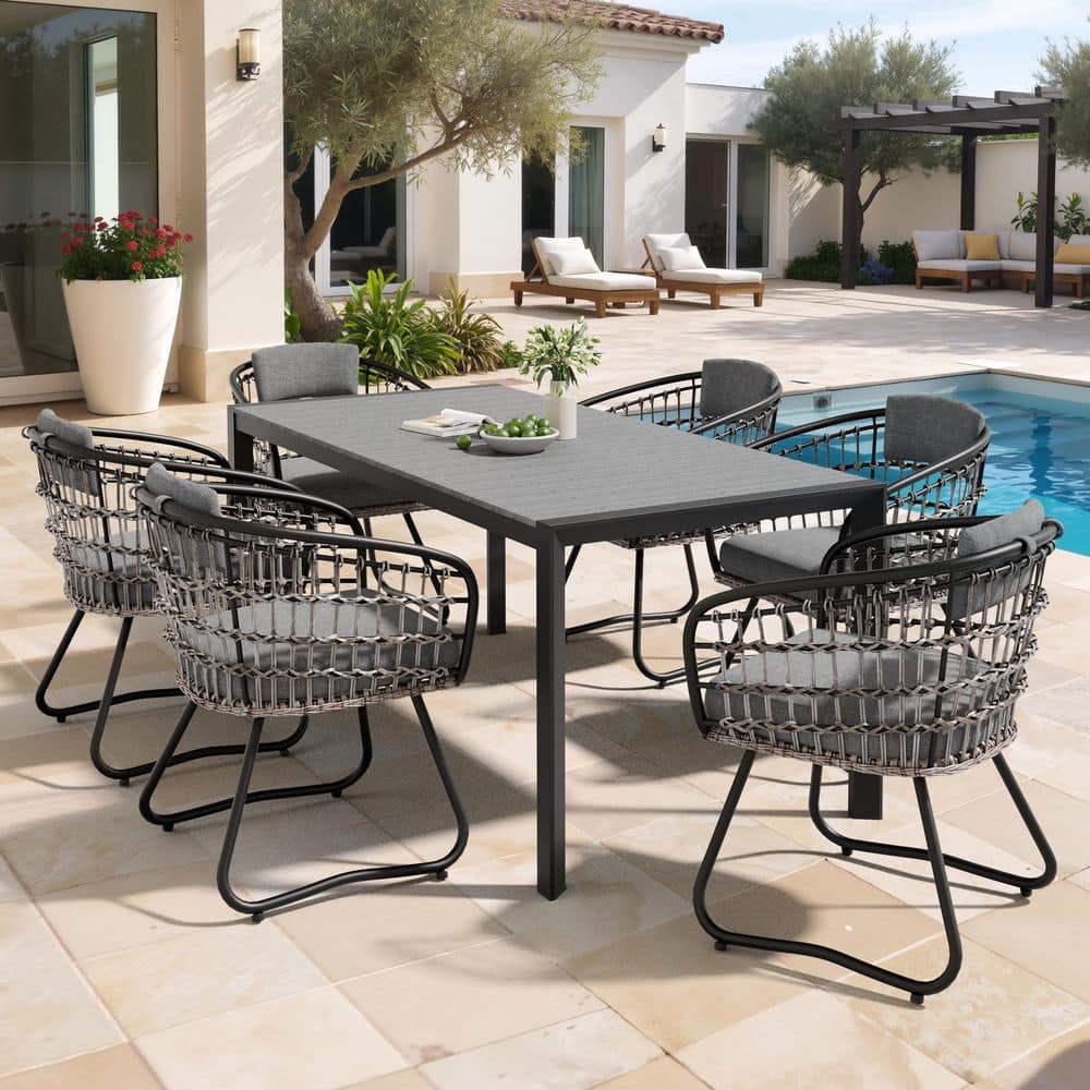7-Piece 71 in. Dark Gray Wood-Like Aluminum Patio Outdoor Dining Set with Faux Rattan Wicker Chairs in Gray Cushion price history on PriceWatchPro