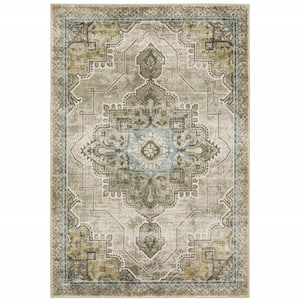 4' X 6' Grey Blue Beige And Gold Oriental Power Loom Stain Resistant Area Rug