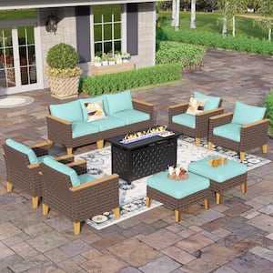 Brown Rattan Wicker 9 Seat 10-Piece Steel Outdoor Patio Conversation Set with Blue Cushions, Rectangular Fire Pit Table