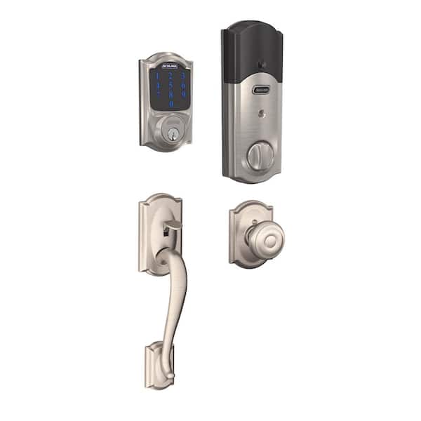 Schlage Camelot Satin Nickel Connect Smart Lock with Alarm and Georgian Knob Handleset
