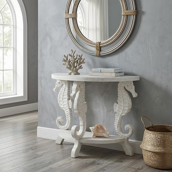 Triton Seahorse 37 in. Distressed White Half Moon Wood Console Table with Shelf