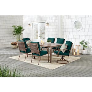 Geneva 7-Piece Brown Wicker Outdoor Patio Dining Set with CushionGuard Malachite Green Cushions