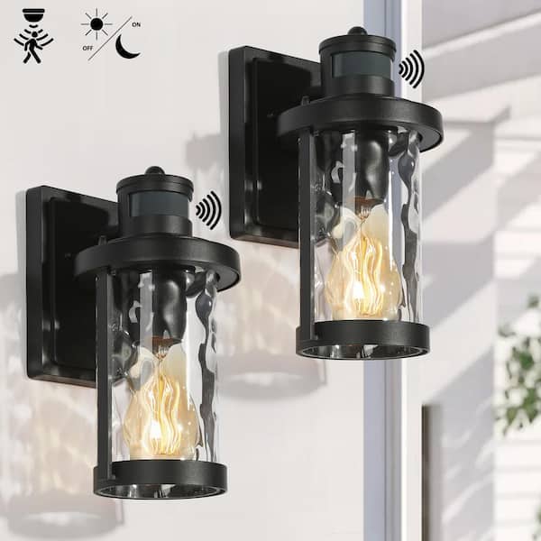 Modern Black Outdoor Wall Light 1-Light Motion Sensing Wall Lantern Sconce Light with Water-Rippled Glass Shade (2-Pack)