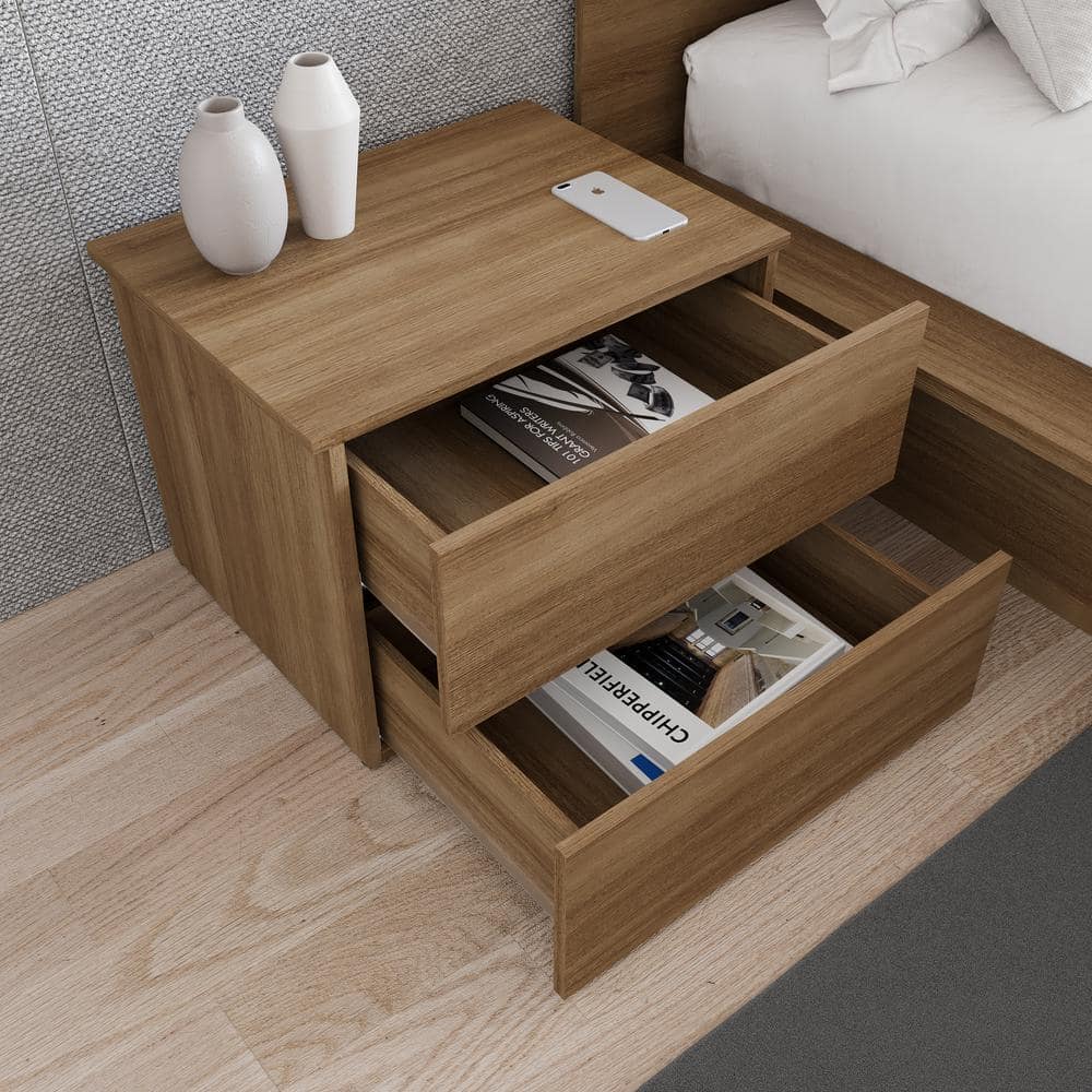 Natural Brown Oak 2-Drawer Nightstand with Melamine Finish
