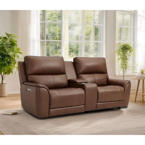 95 in. 2 Seats Genuine Leather Power Reclining Double Width loveseat in Light Brown