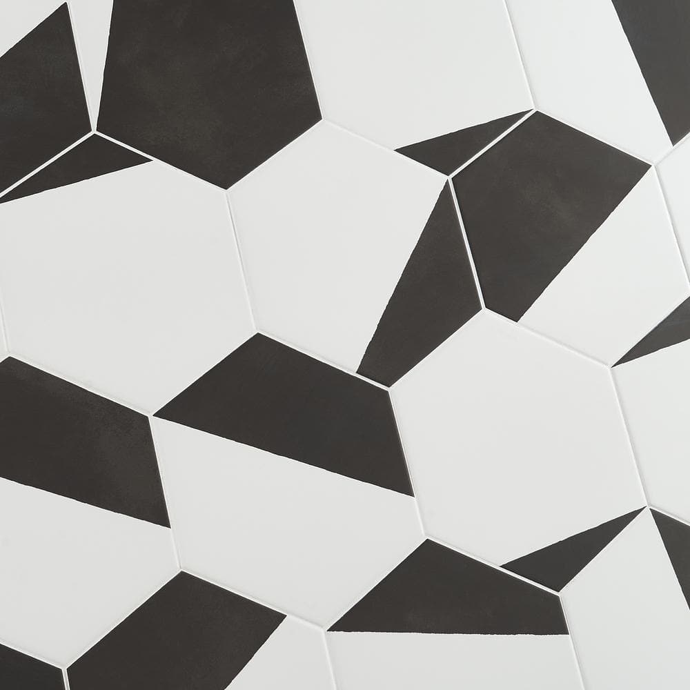 GeoHex Burst 8" Hexagon Matte Black and White Porcelain Tile