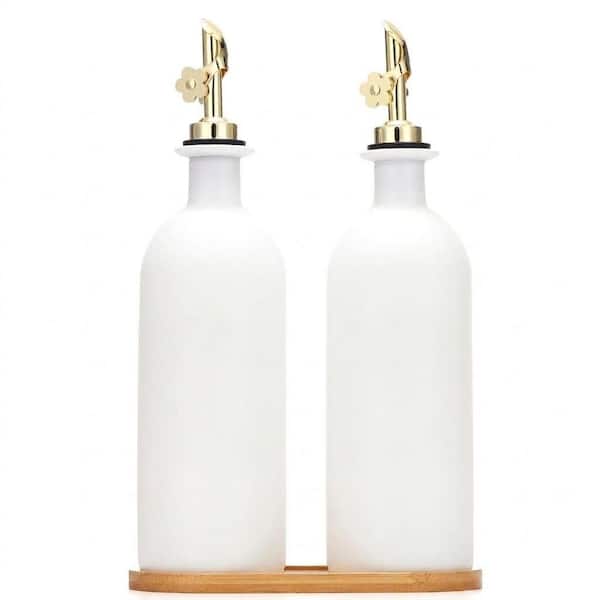 16 oz. White Glass Olive Oil Dispenser Set with Gold Spouts, Bamboo Tray, 2-Pack, 2 Gold Spouts