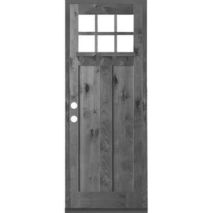 42 in. x 96 in. Craftsman Alder Right Hand 6-Lite Clear Glass Grey Stain Wood Prehung Front Door with Dentil Shelf